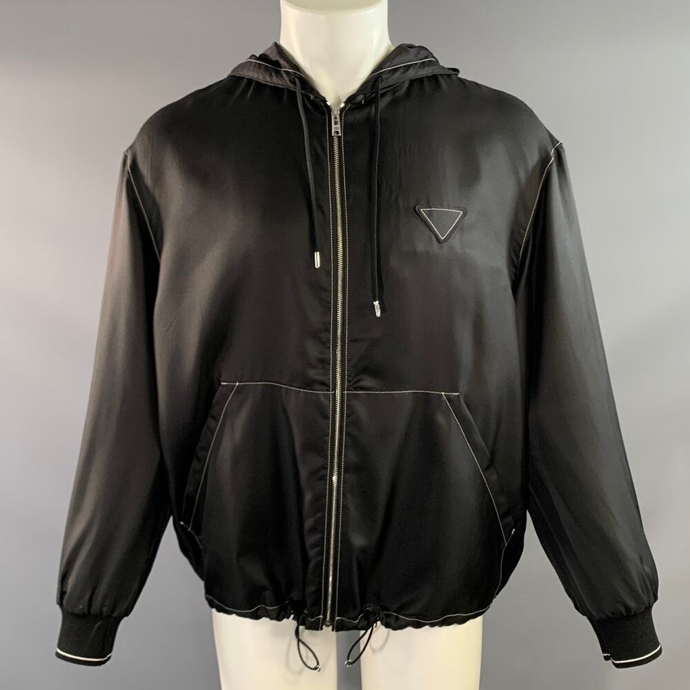 PRADA Size XS Black Contrast Stitch Silk Zip Up Jacket